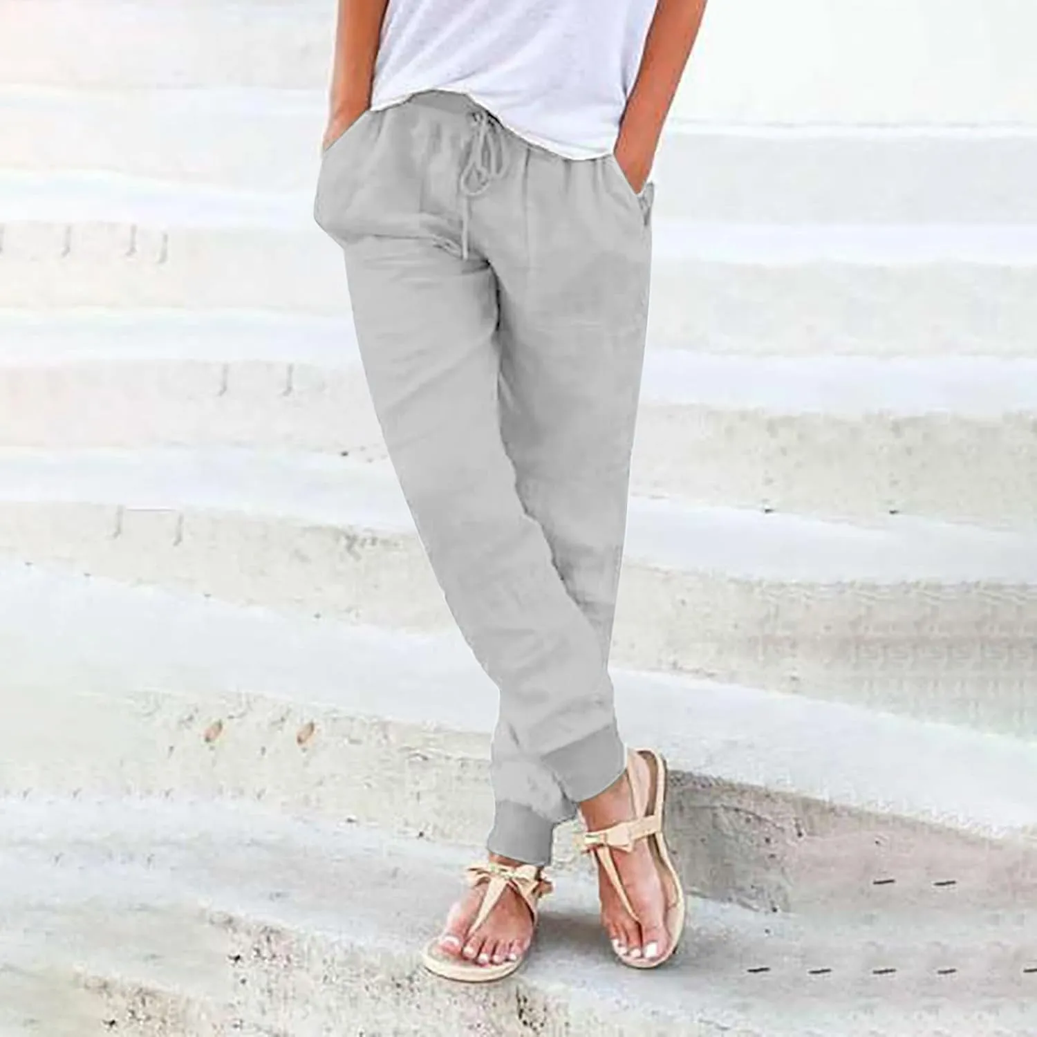 Women's Cotton Linen Summer Fashion Pant Trousers Elastic Waist Stretchy Slim-Fit Palazzo Lounge Pants
