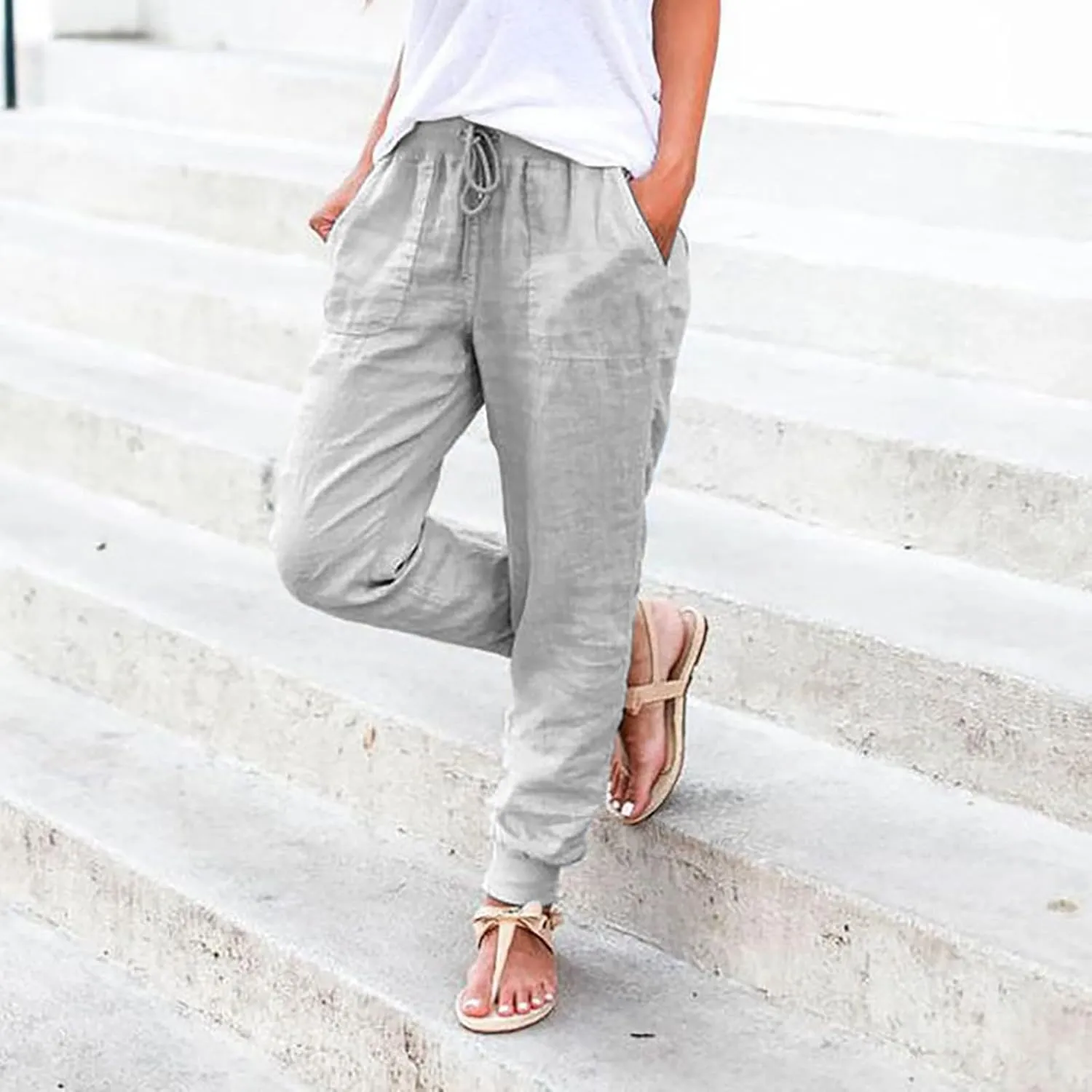 Women's Cotton Linen Summer Fashion Pant Trousers Elastic Waist Stretchy Slim-Fit Palazzo Lounge Pants