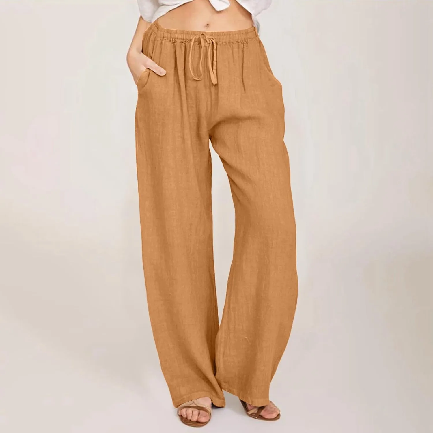 Women's Cotton Linen Summer Fashion Pant Trousers Elastic Waist Stretchy Slim-Fit Palazzo Lounge Pants