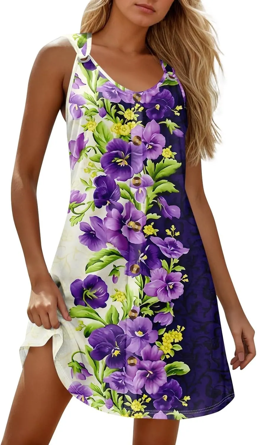 Womens Dresses Casual Plus Size Mini Dress Button Down Summer Clothes Tank Dress V Neck Sleeveless Sundress