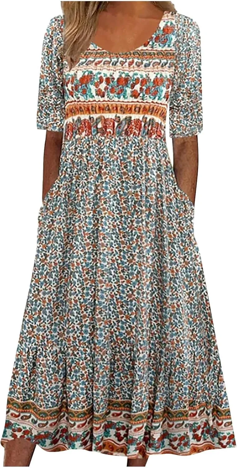 Womens Dresses Plus Size Loose T Shirts Dress Floral Midi Dress Cute Pleated Dress with Pockets Casual Dresses Summer