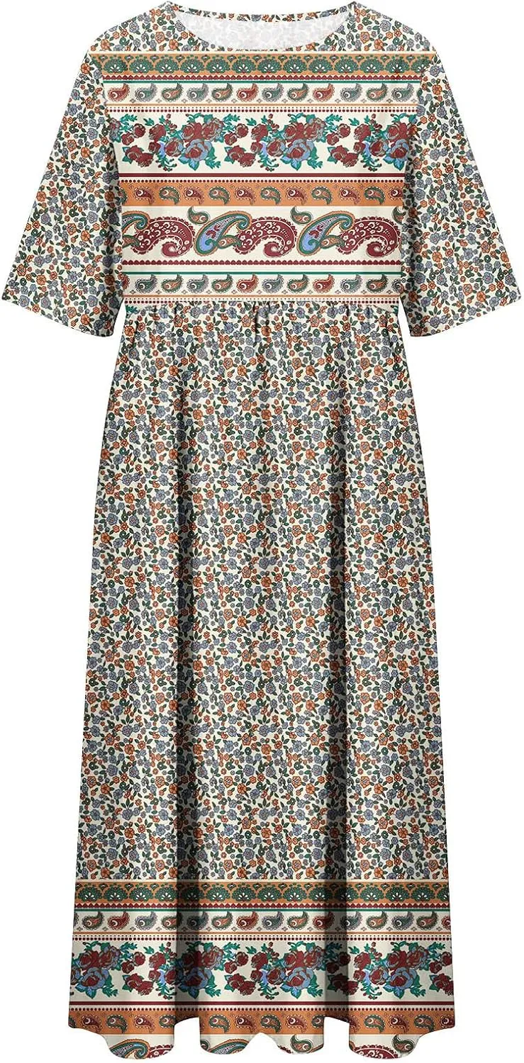 Womens Dresses Plus Size Loose T Shirts Dress Floral Midi Dress Cute Pleated Dress with Pockets Casual Dresses Summer