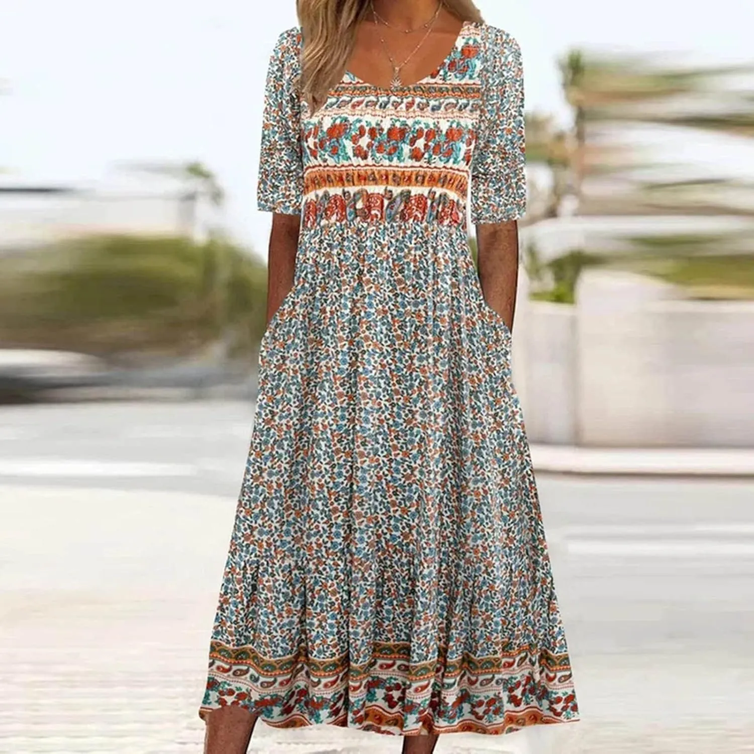 Womens Dresses Plus Size Loose T Shirts Dress Floral Midi Dress Cute Pleated Dress with Pockets Casual Dresses Summer
