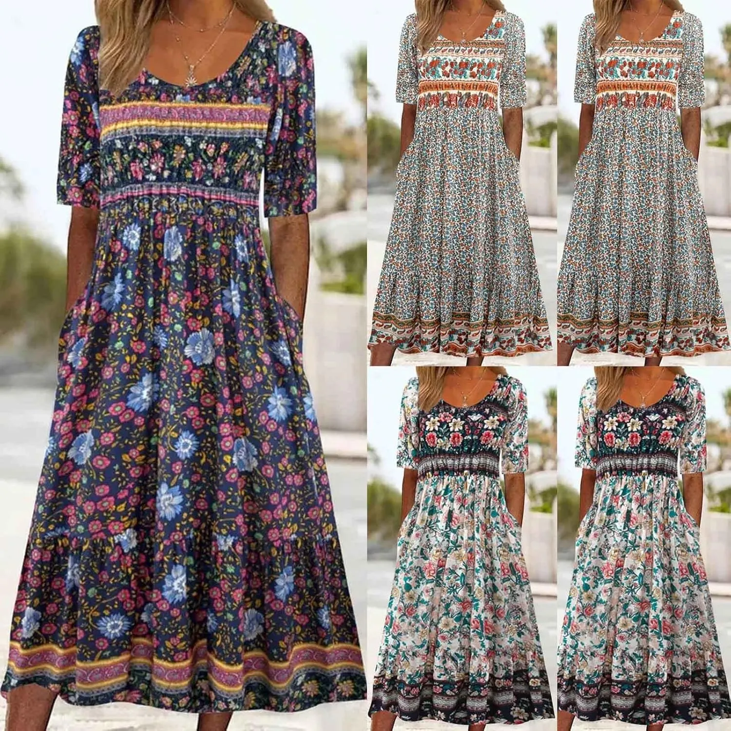 Womens Dresses Plus Size Loose T Shirts Dress Floral Midi Dress Cute Pleated Dress with Pockets Casual Dresses Summer