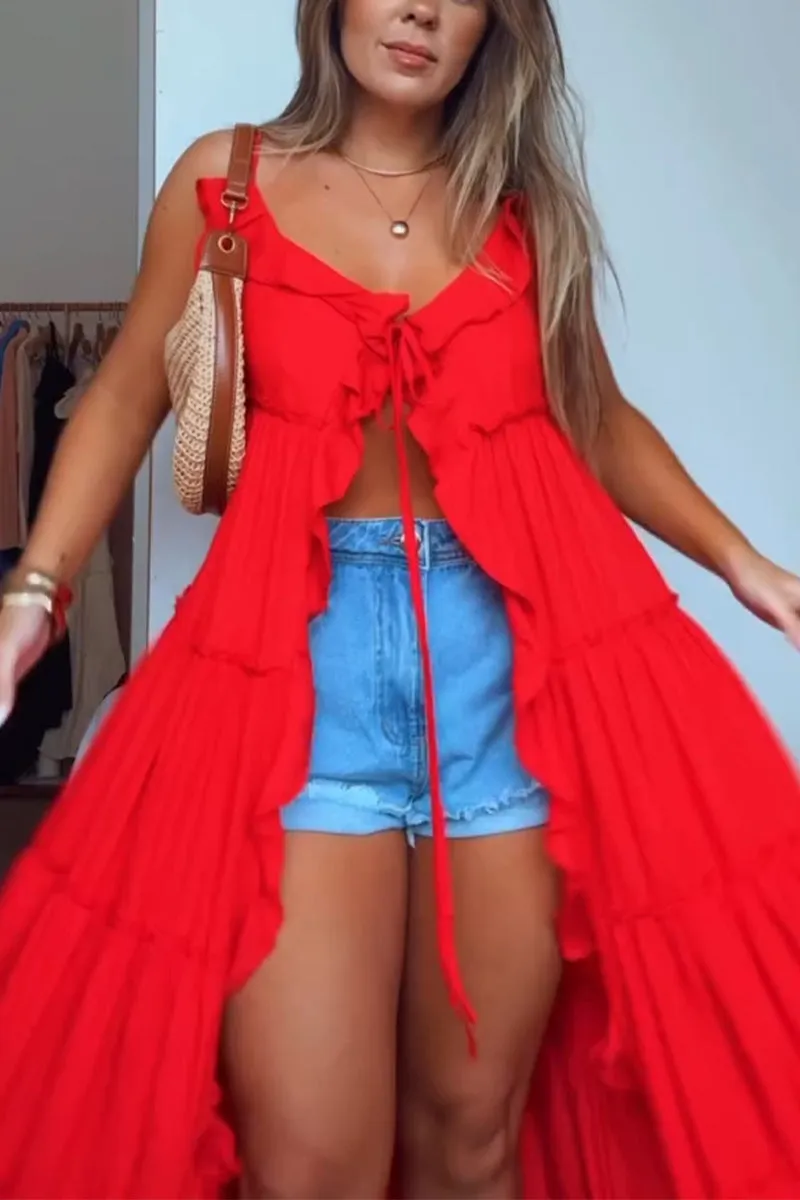 Women's Holiday Style V-neck Ruffled Suspender Dress