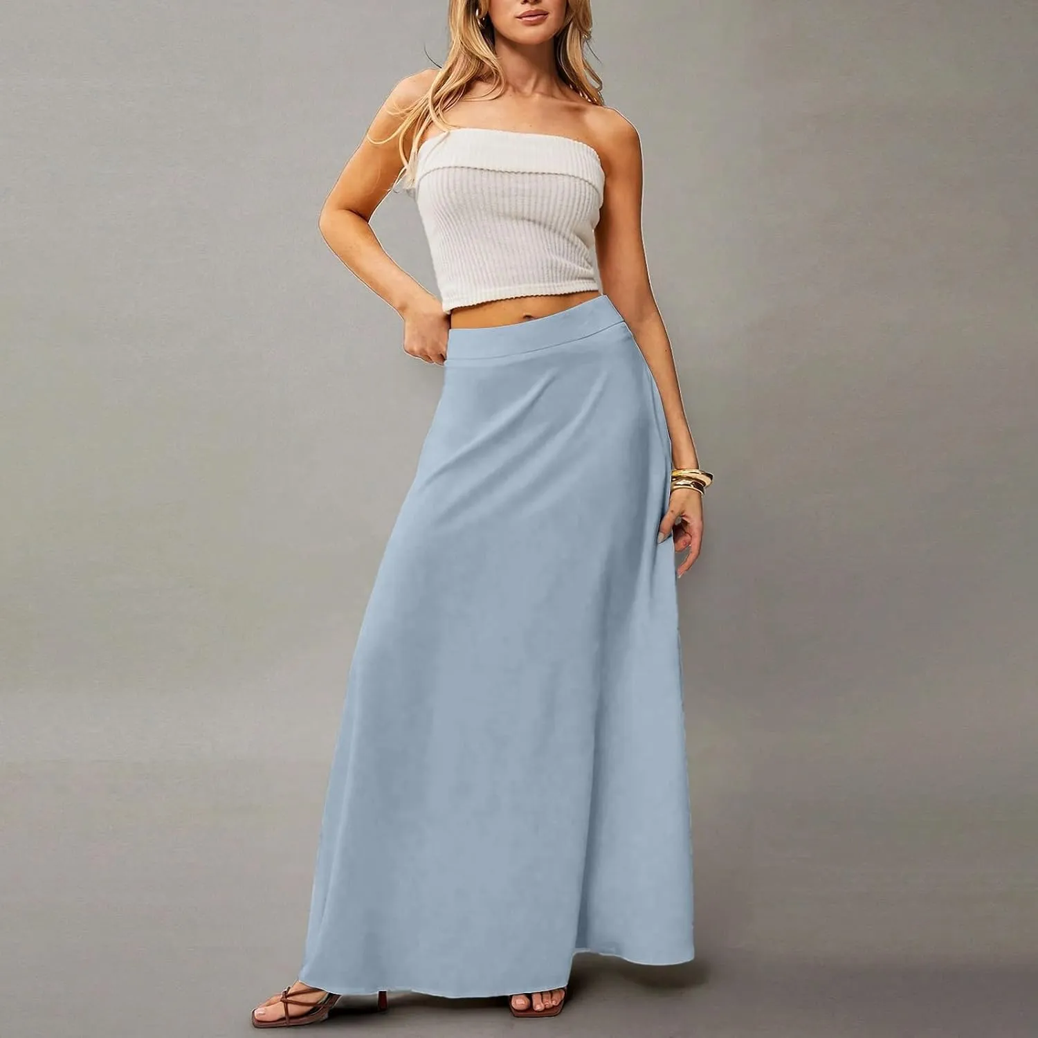 Women's Long Skirts Fall High Waisted Stretchy Solid Flowy Soft Beach Maxi Skirt, S-2XL