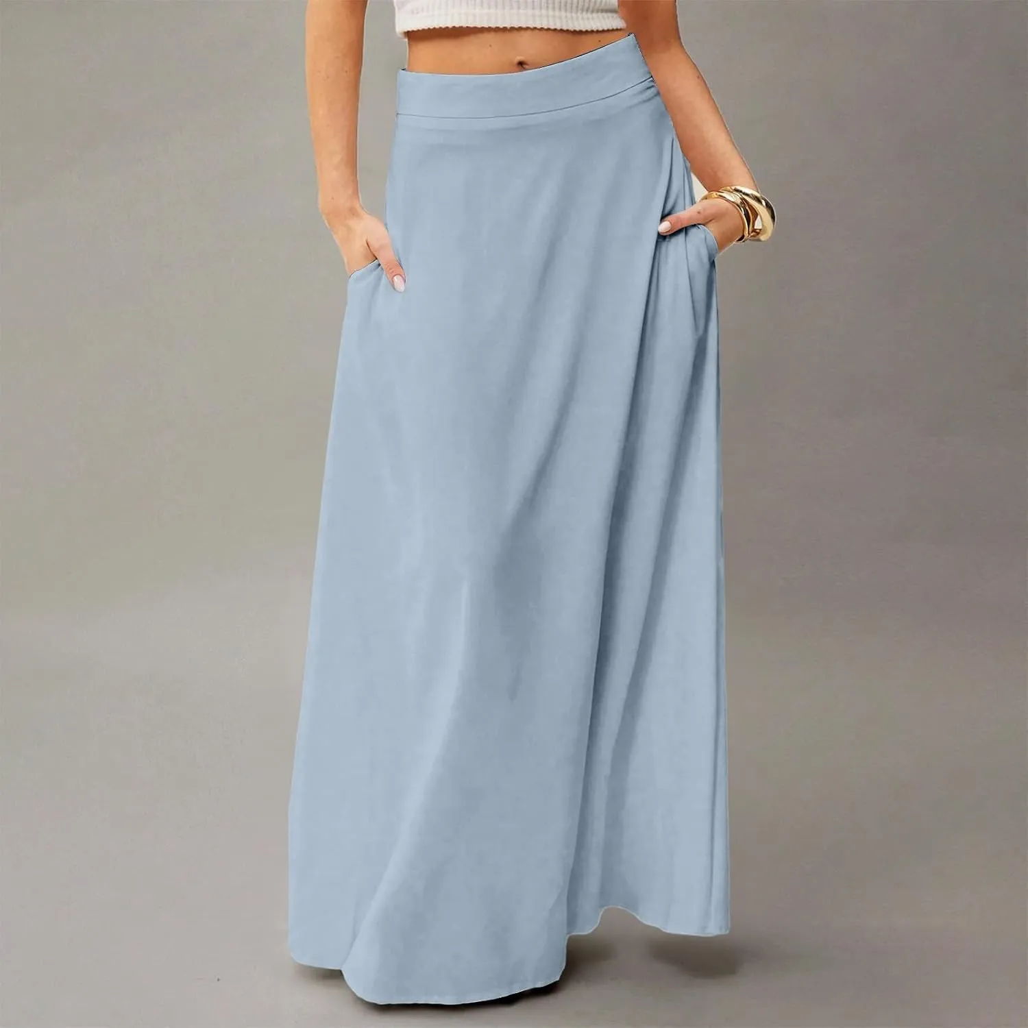 Women's Long Skirts Fall High Waisted Stretchy Solid Flowy Soft Beach Maxi Skirt, S-2XL