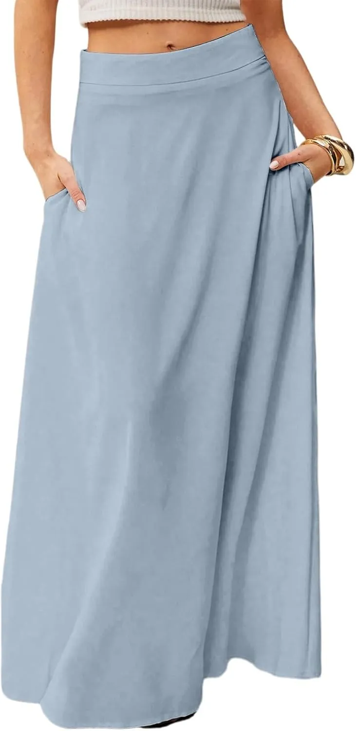 Women's Long Skirts Fall High Waisted Stretchy Solid Flowy Soft Beach Maxi Skirt, S-2XL