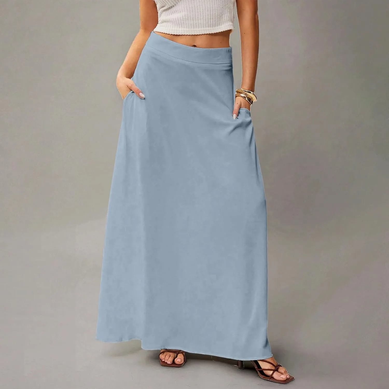 Women's Long Skirts Fall High Waisted Stretchy Solid Flowy Soft Beach Maxi Skirt, S-2XL