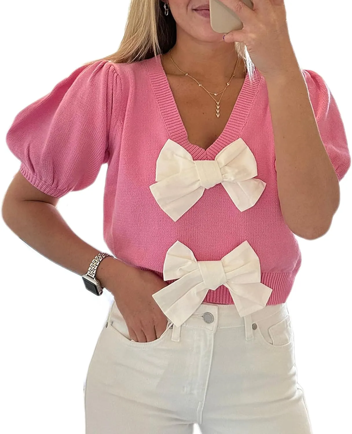 Womens Short Puff Sleeve Cropped Knit Sweater Tops V Neck Double Bow Tie Solid Color Casual Pullover Sweater