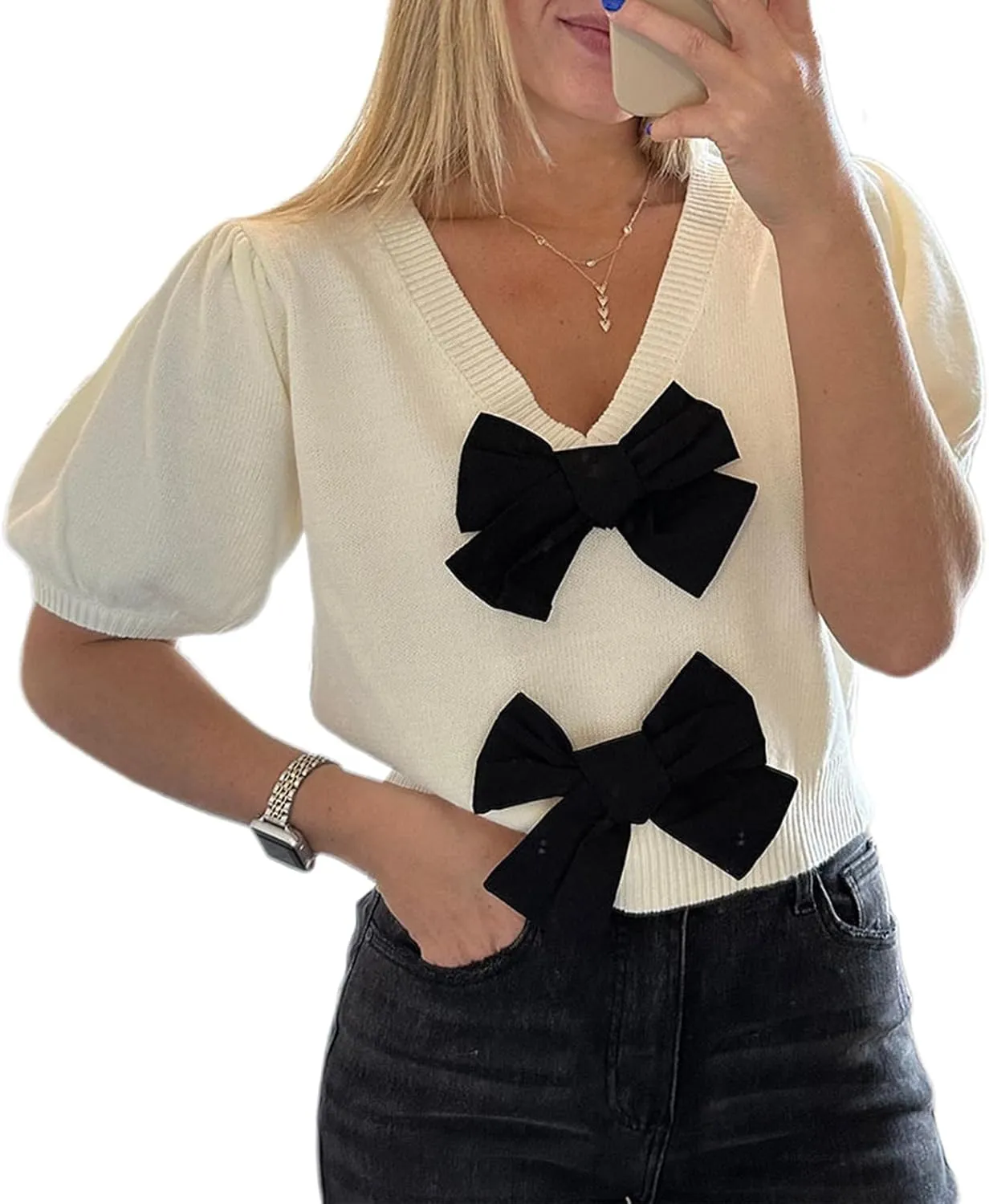 Womens Short Puff Sleeve Cropped Knit Sweater Tops V Neck Double Bow Tie Solid Color Casual Pullover Sweater
