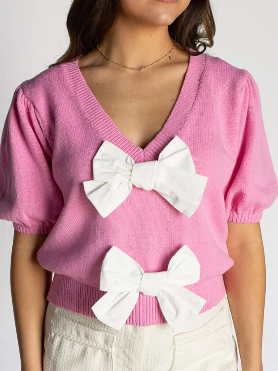 Womens Short Puff Sleeve Cropped Knit Sweater Tops V Neck Double Bow Tie Solid Color Casual Pullover Sweater