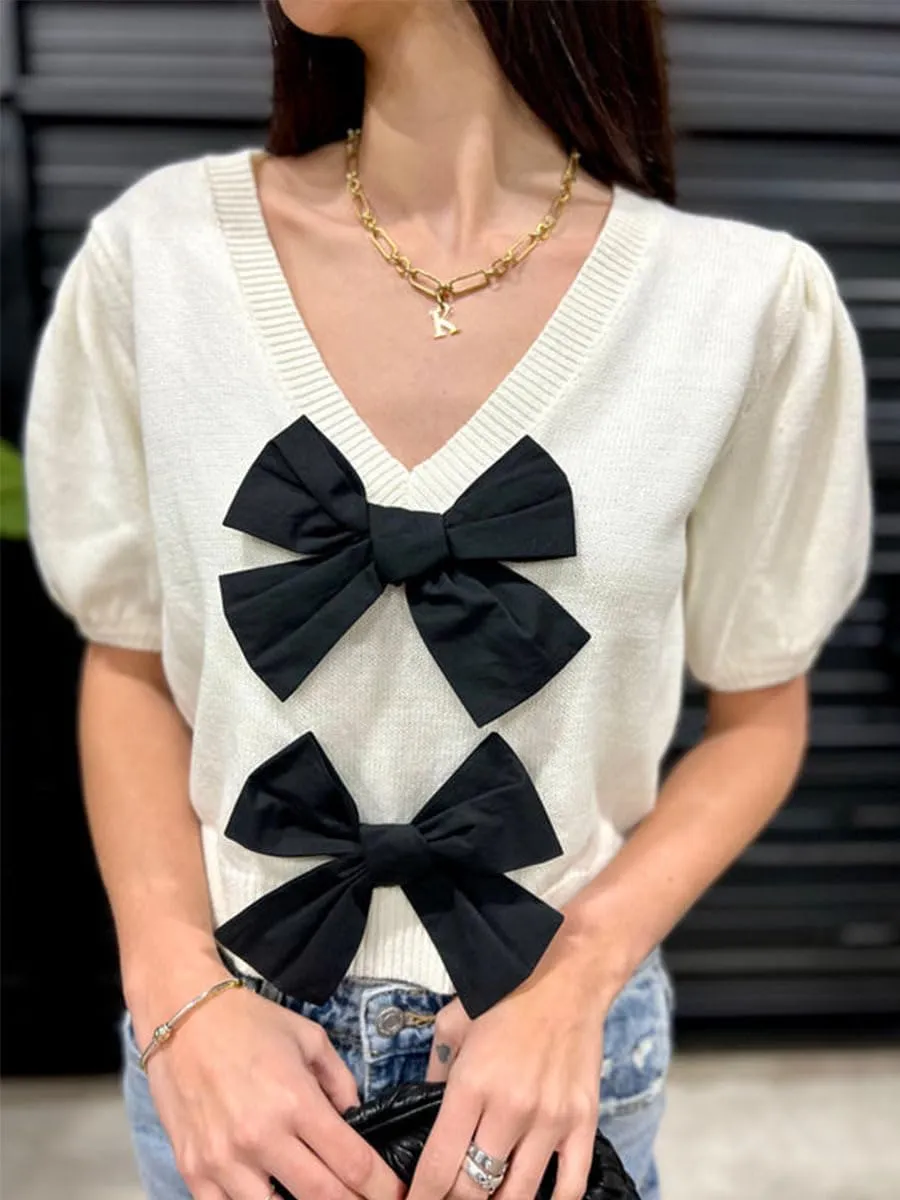 Womens Short Puff Sleeve Cropped Knit Sweater Tops V Neck Double Bow Tie Solid Color Casual Pullover Sweater