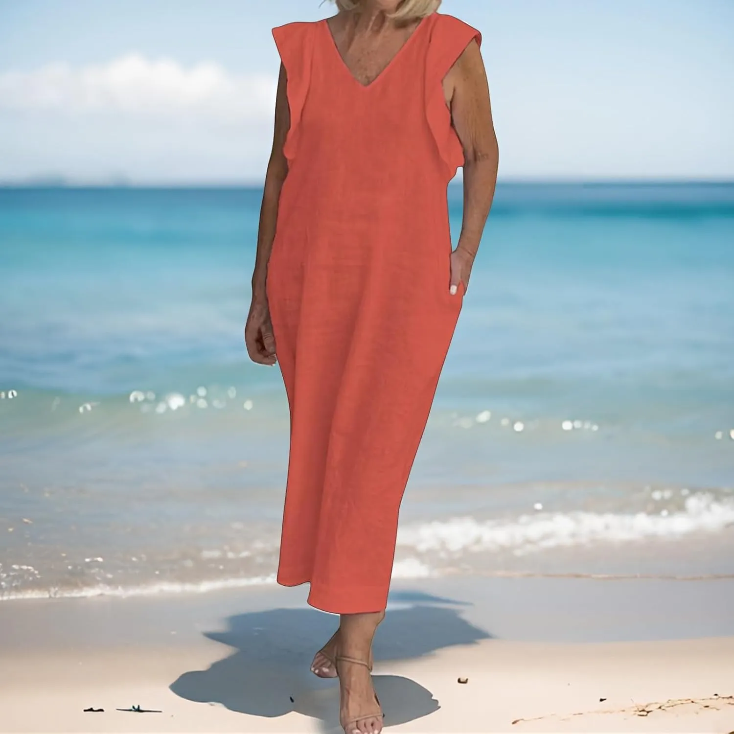 Womens Summer Casual Tank Dress Sleeveless V Neck Cotton Linen Maxi Dress Loose Flowy Beach Long Sundress with Pocket