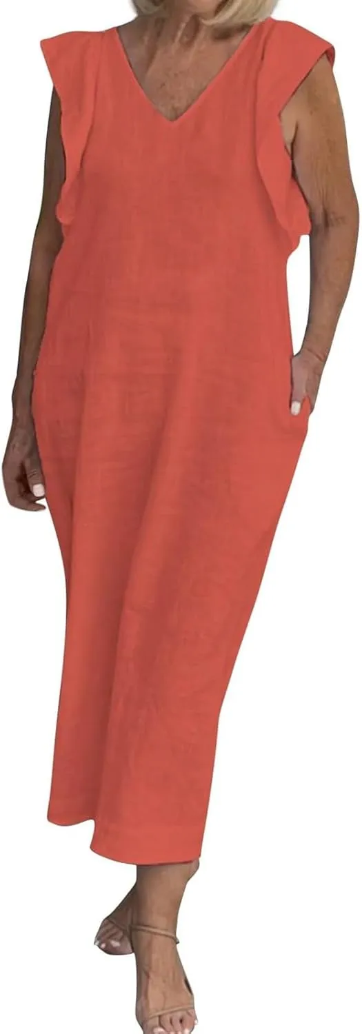 Womens Summer Casual Tank Dress Sleeveless V Neck Cotton Linen Maxi Dress Loose Flowy Beach Long Sundress with Pocket