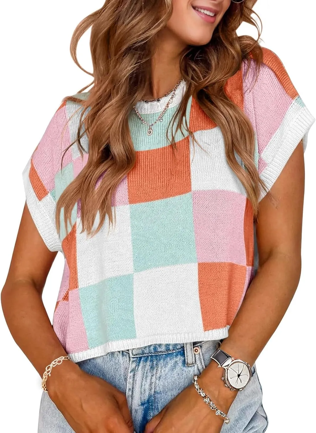 Womens Summer Crop Tops 2025 Cap Short Sleeve Sweater Vest Loose Shirts Business Vacation Outfits Trendy Fall Summer Top