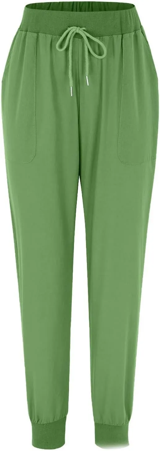 Womens Tapered Pant Summer Lightweight Cotton Linen Pants Drawstring Elastic Waist Loose Fit Casual Pant with Pockets