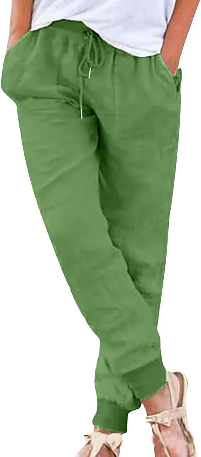 Womens Tapered Pant Summer Lightweight Cotton Linen Pants Drawstring Elastic Waist Loose Fit Casual Pant with Pockets