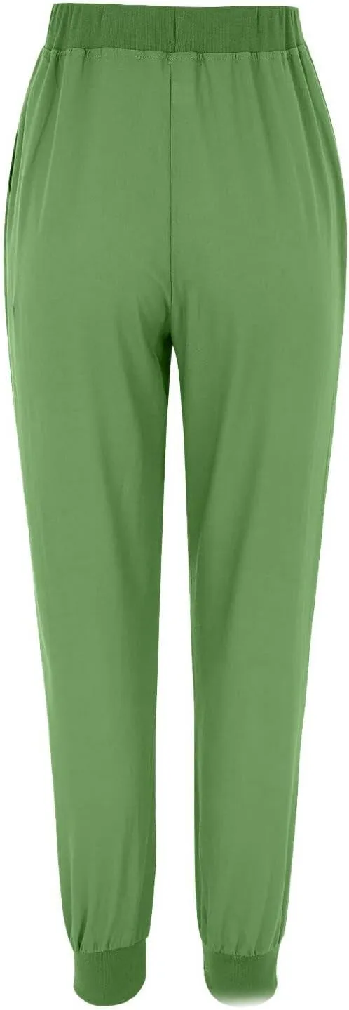 Womens Tapered Pant Summer Lightweight Cotton Linen Pants Drawstring Elastic Waist Loose Fit Casual Pant with Pockets