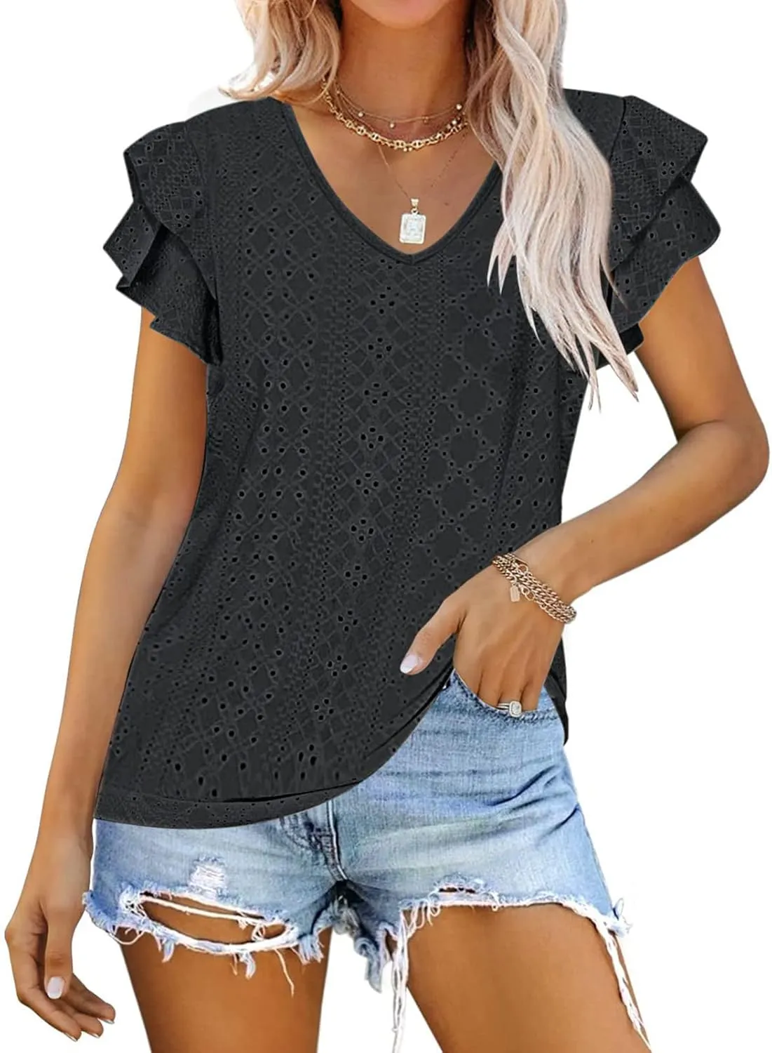 Womens Tops Summer Ruffle Sleeve Crew Neck Tshirts Loose Fit Casual Cute Top Blouses