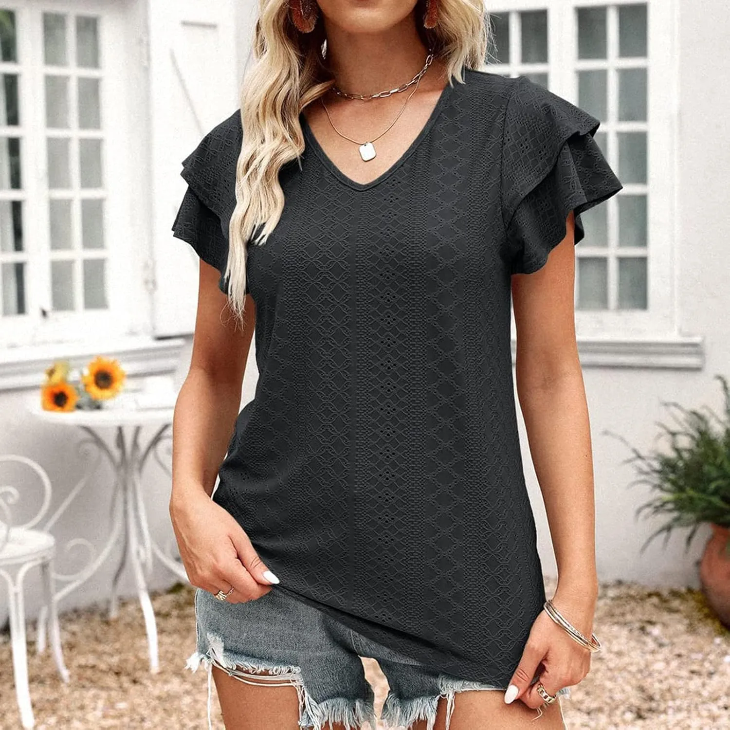 Womens Tops Summer Ruffle Sleeve Crew Neck Tshirts Loose Fit Casual Cute Top Blouses