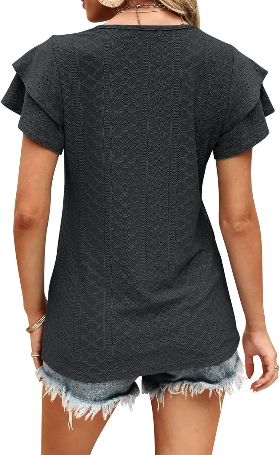 Womens Tops Summer Ruffle Sleeve Crew Neck Tshirts Loose Fit Casual Cute Top Blouses
