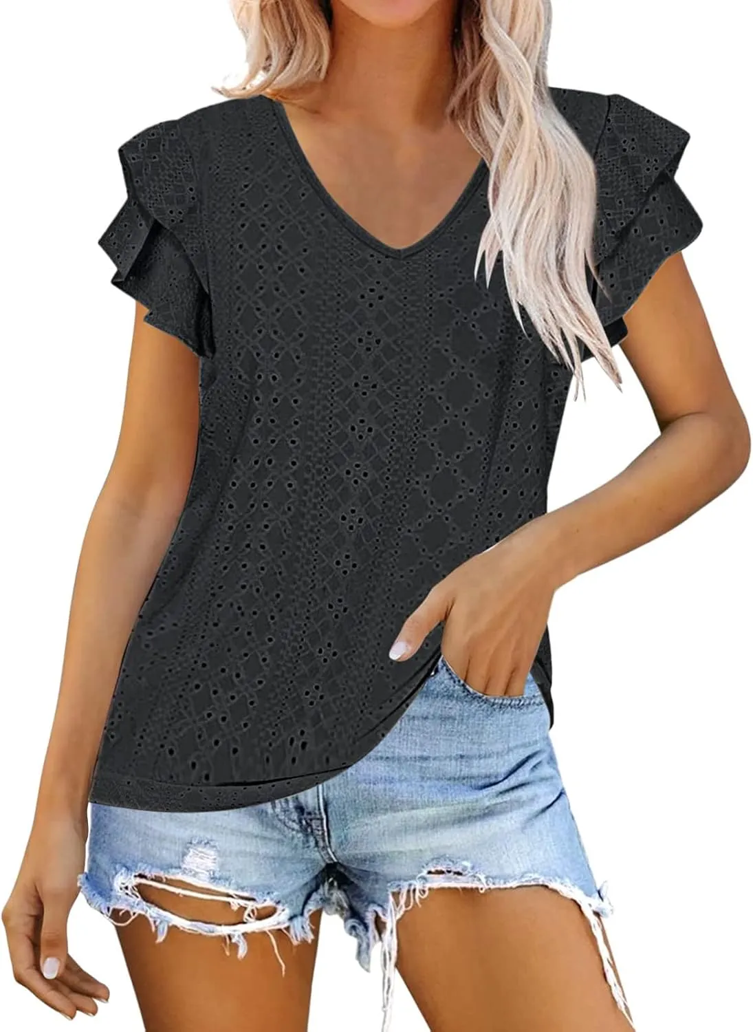 Womens Tops Summer Ruffle Sleeve Crew Neck Tshirts Loose Fit Casual Cute Top Blouses