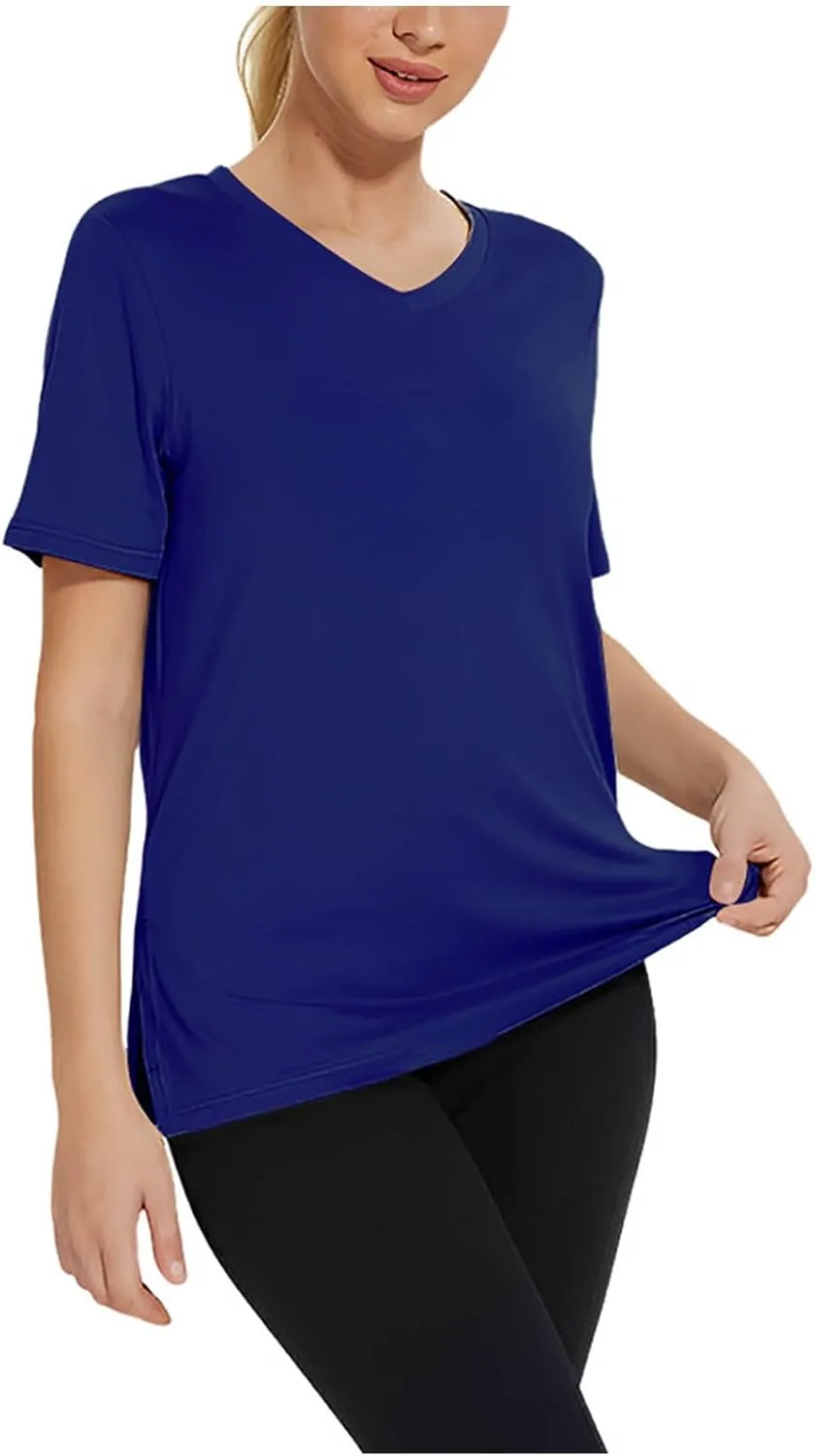 Women's V Neck Short Sleeve Blouse Casual Loose Stretch Side Split Pullover 2025 Summer Quick Dry Comfort Shirt Top