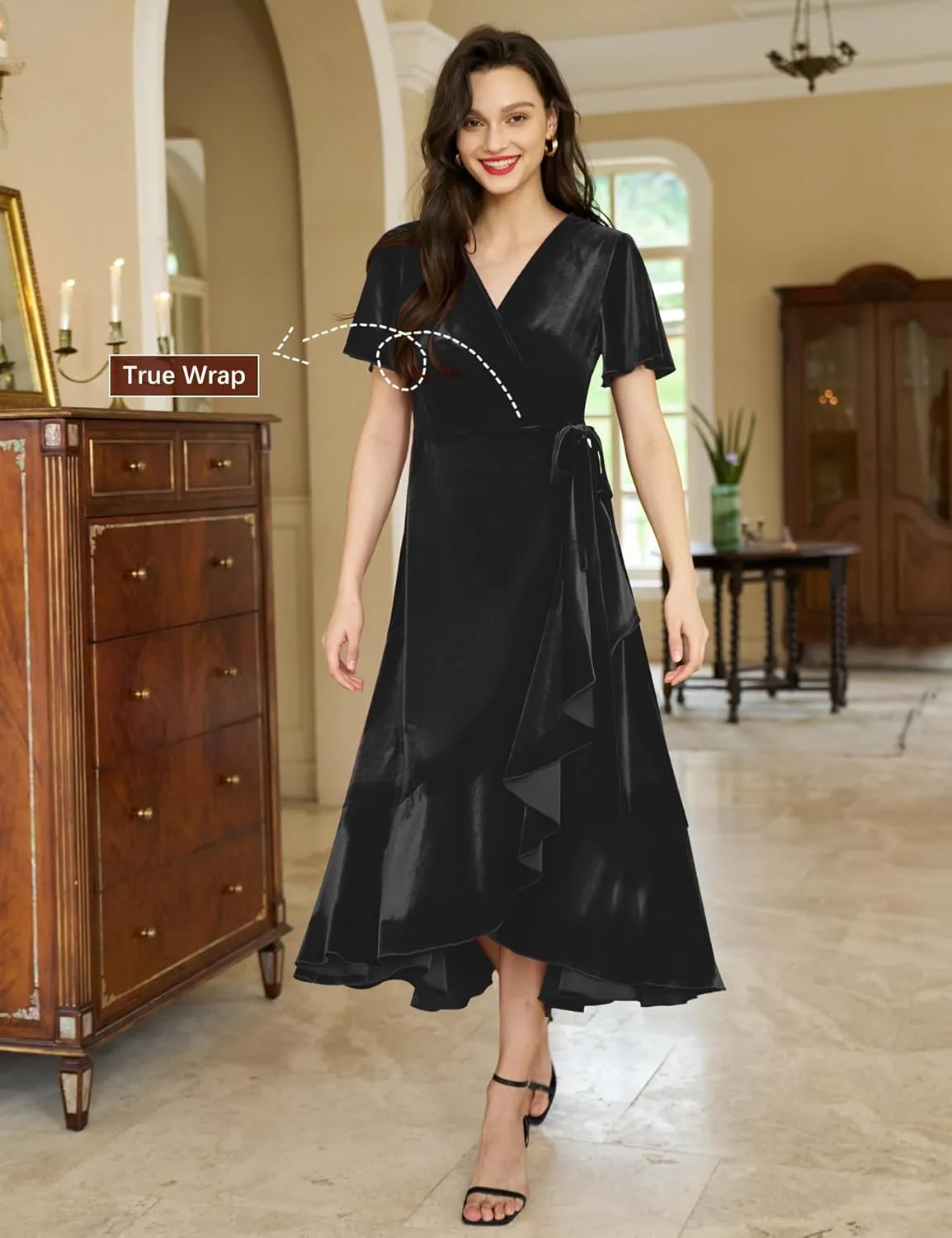 Women's Velvet Maxi Dress Boho V Neck Wrap Dress for Wedding Guest Fall Maternity Formal Dress with Pockets