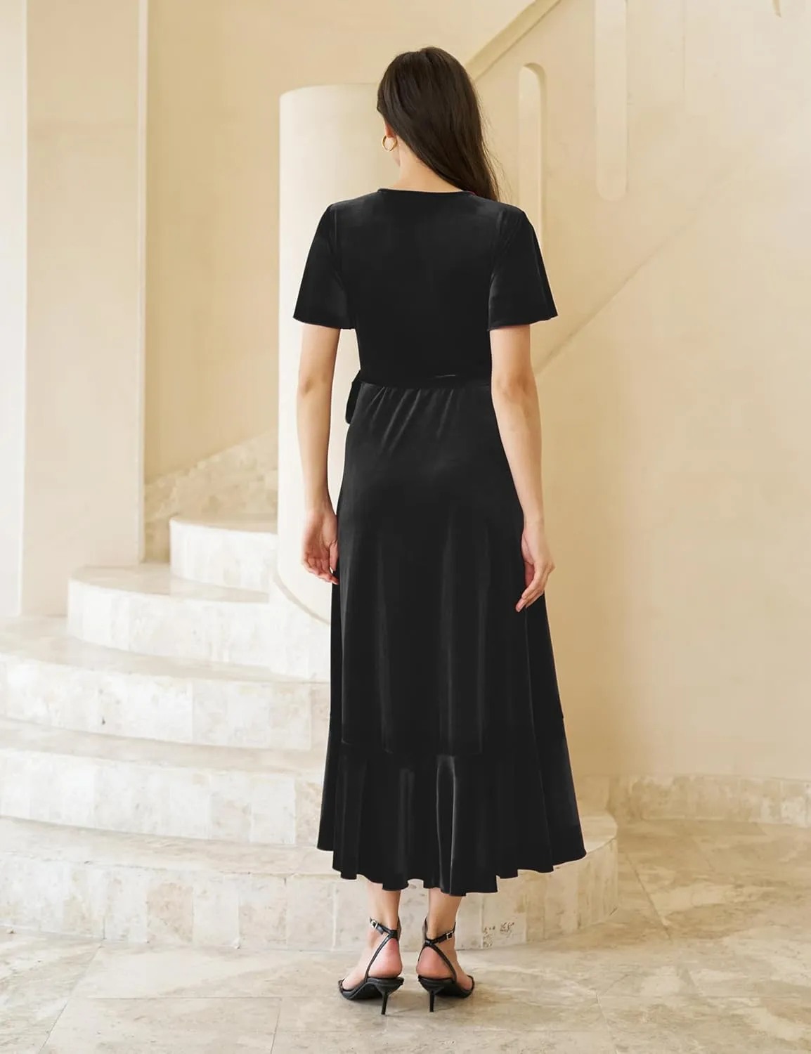 Women's Velvet Maxi Dress Boho V Neck Wrap Dress for Wedding Guest Fall Maternity Formal Dress with Pockets