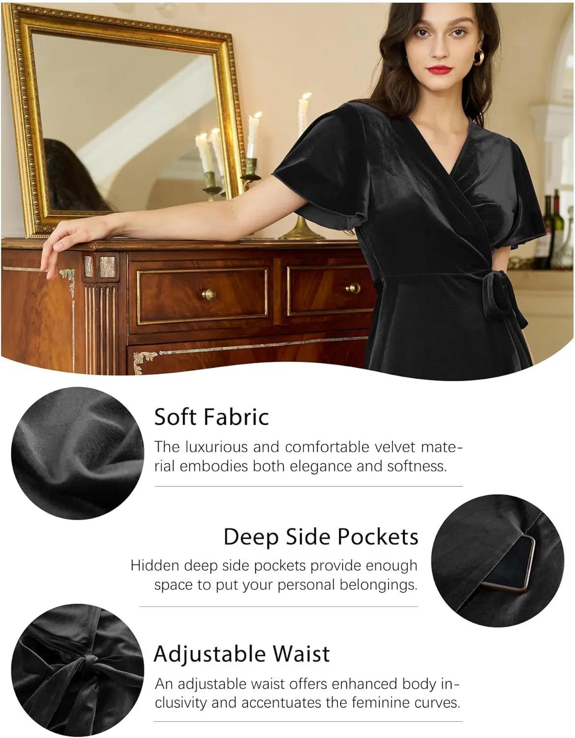 Women's Velvet Maxi Dress Boho V Neck Wrap Dress for Wedding Guest Fall Maternity Formal Dress with Pockets