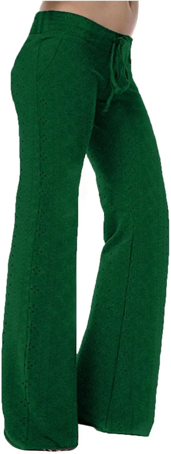 Womens Wide Leg Pants Hollow Out Yoga Pants Drawstring High Waisted Pants Solid Color Loose Casual Pant with Pockets