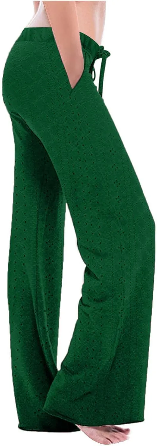 Womens Wide Leg Pants Hollow Out Yoga Pants Drawstring High Waisted Pants Solid Color Loose Casual Pant with Pockets