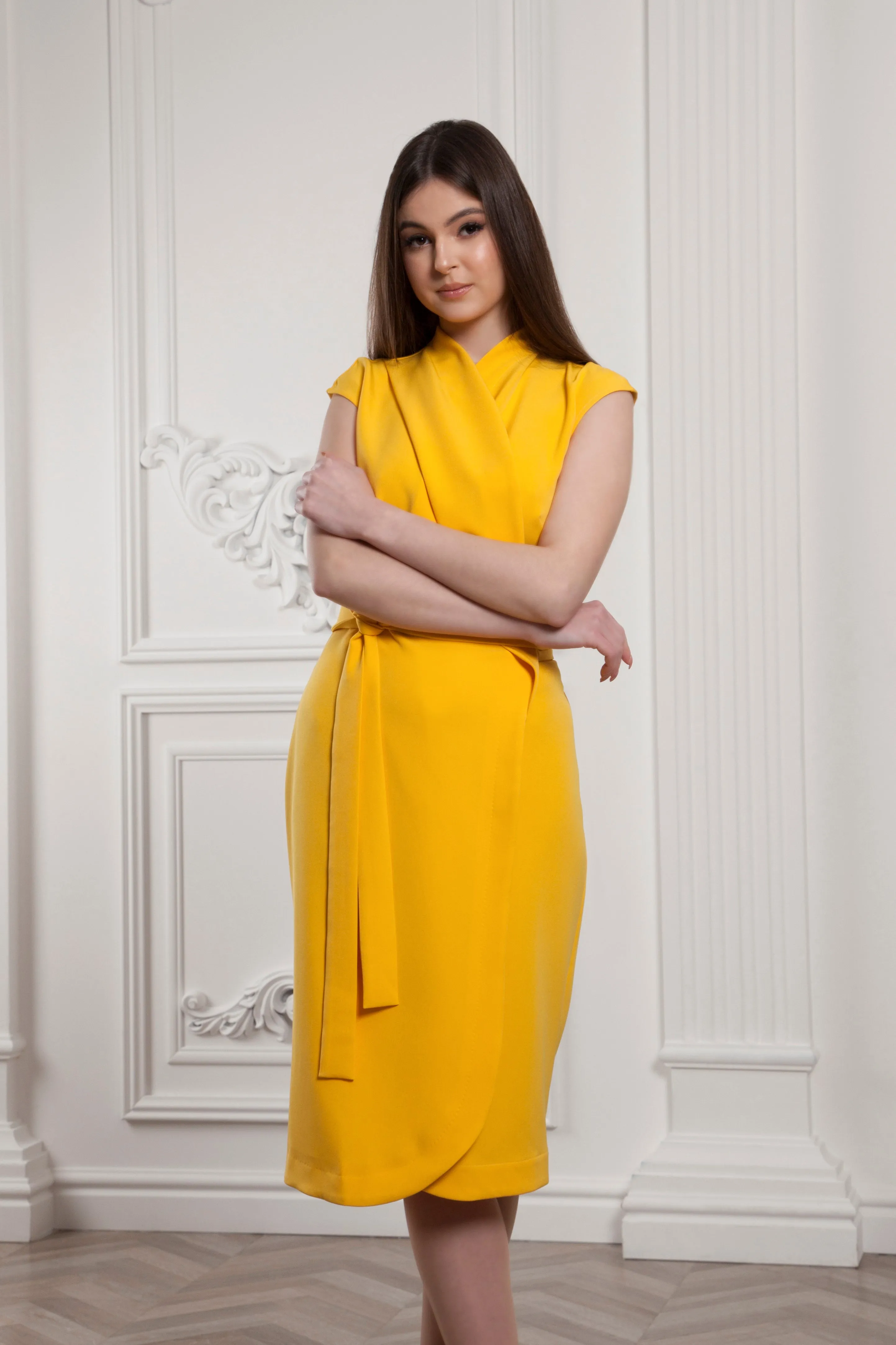 Yellow wrap midi dress