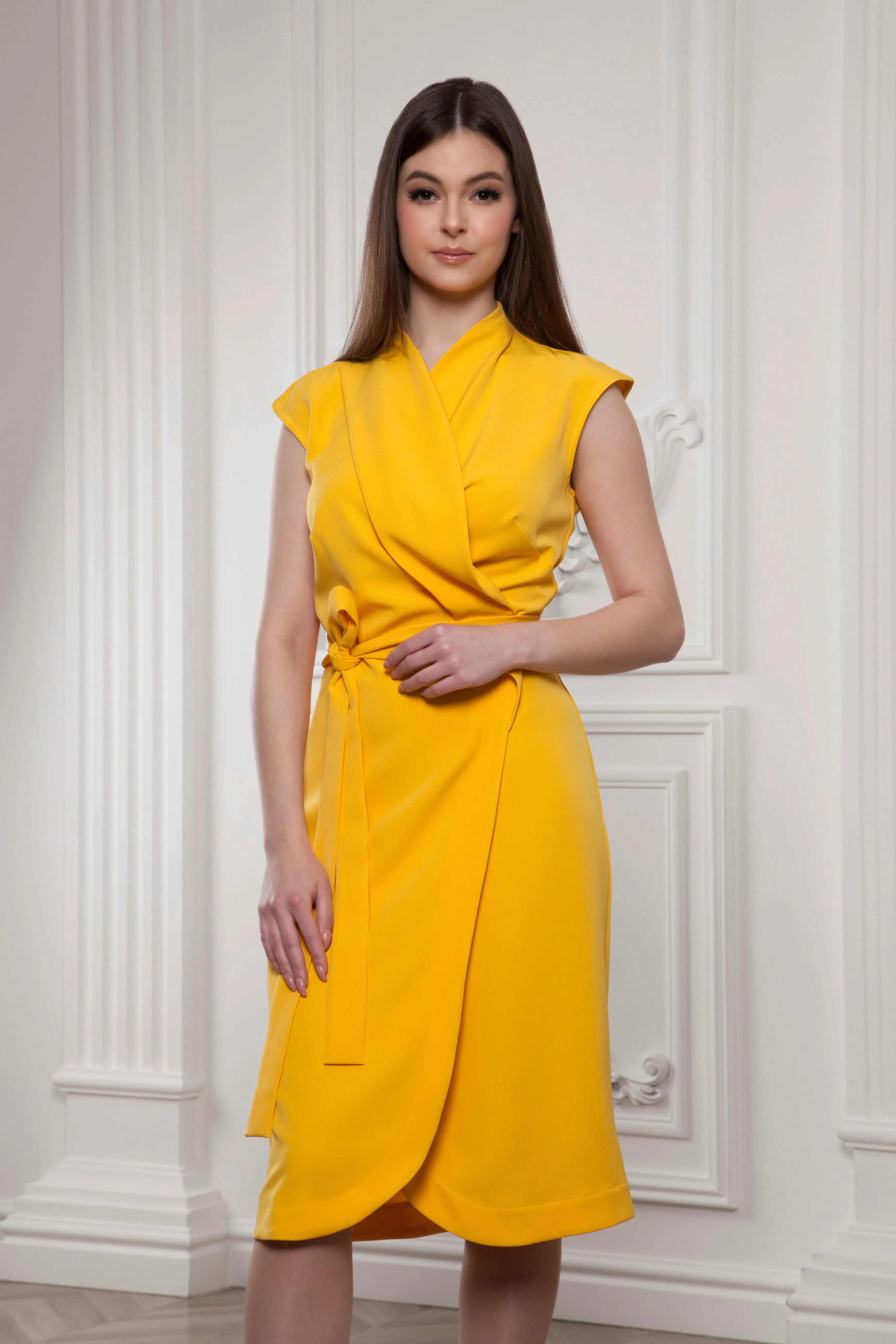 Yellow wrap midi dress