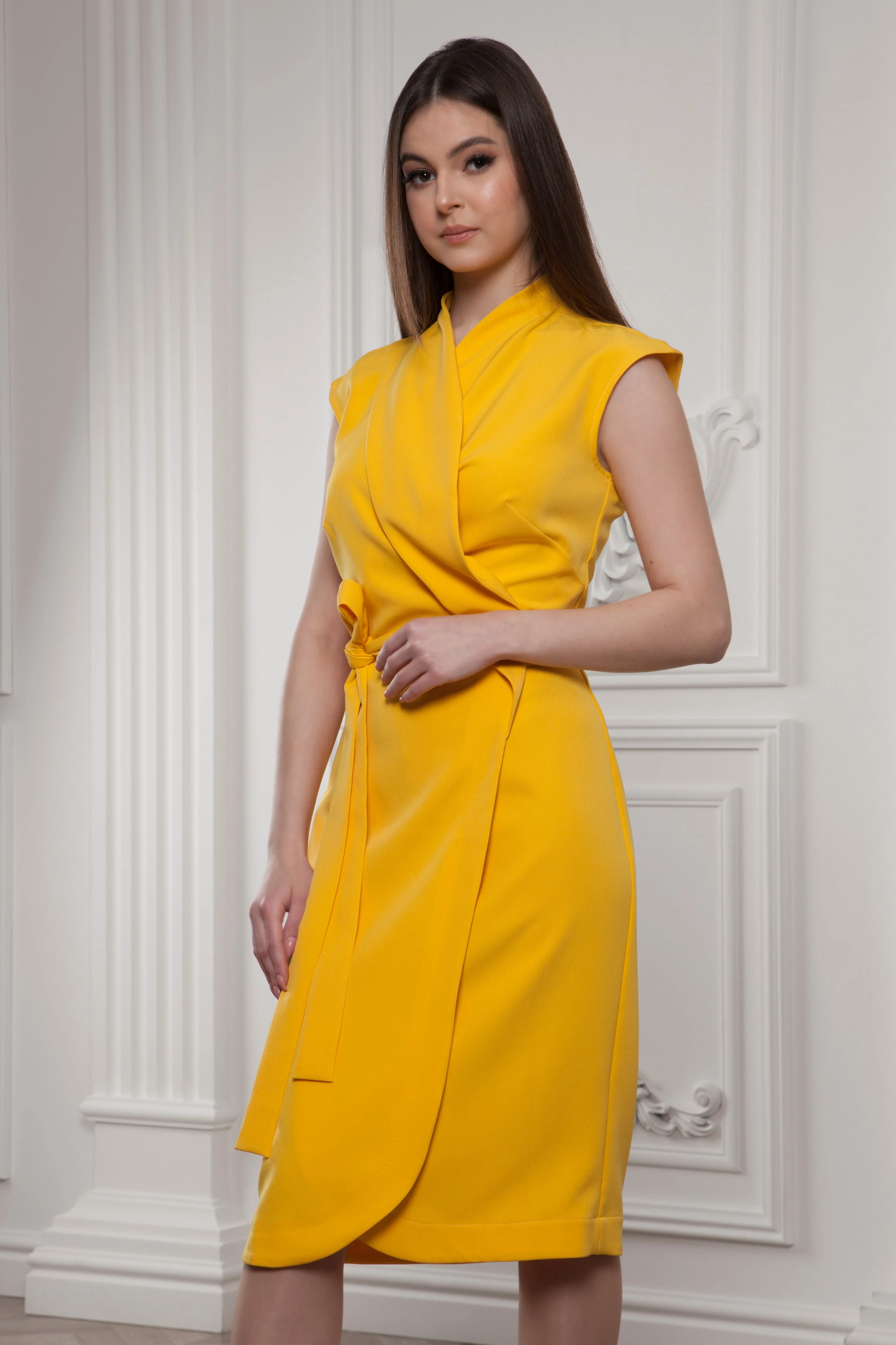 Yellow wrap midi dress