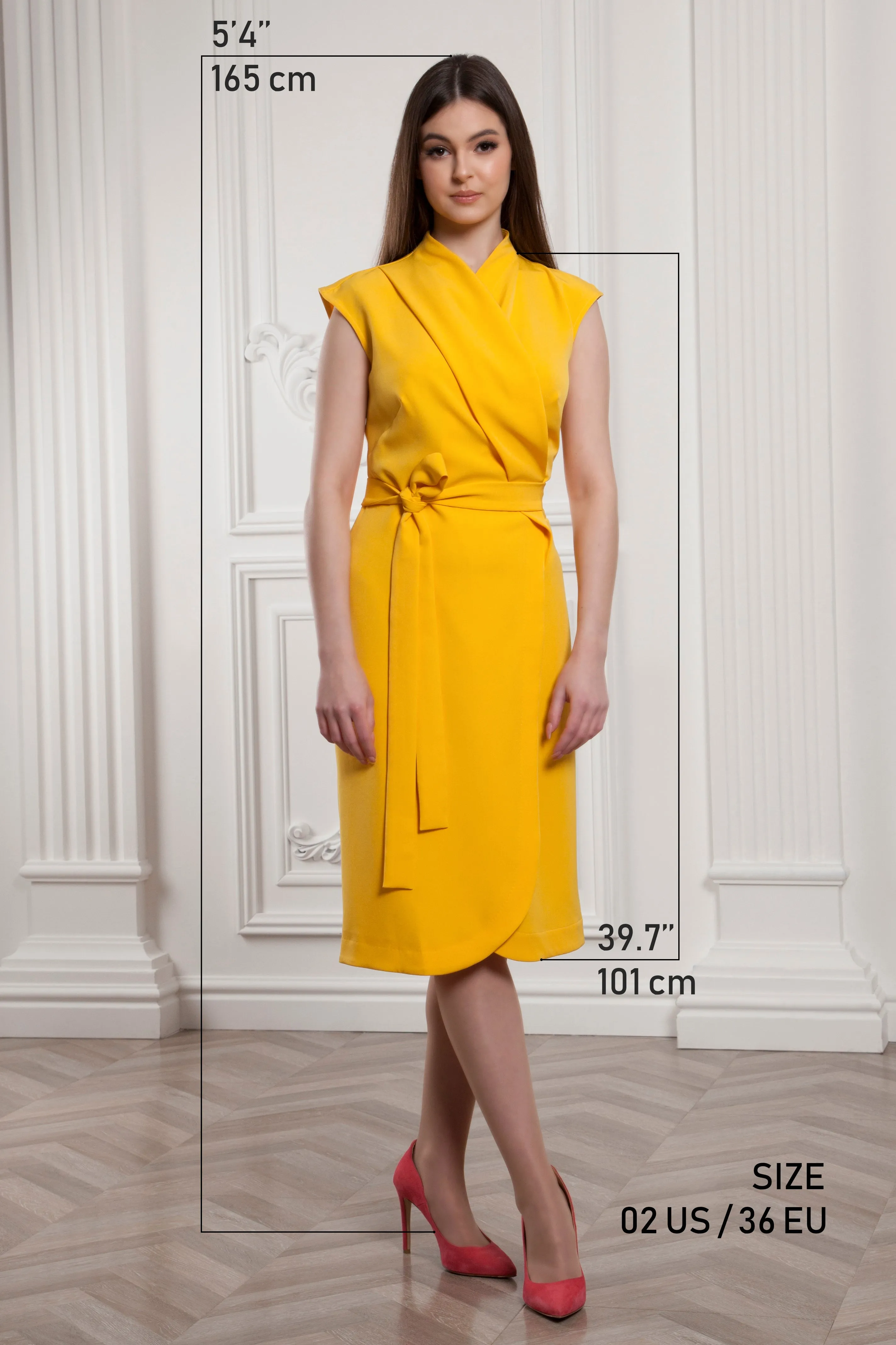 Yellow wrap midi dress